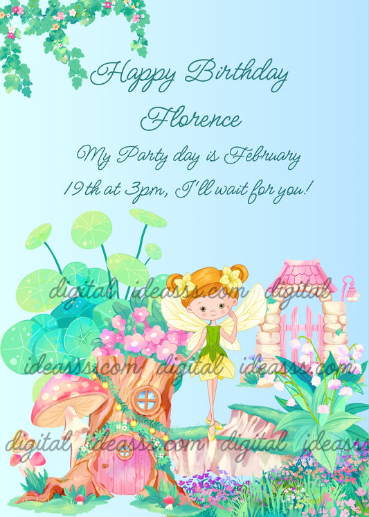  Cute fairy with wings in a magical floral garden with mushroom house, pink castle, green plants and pink flowers on a light blue background — birthday card for girls aged 8 to 14