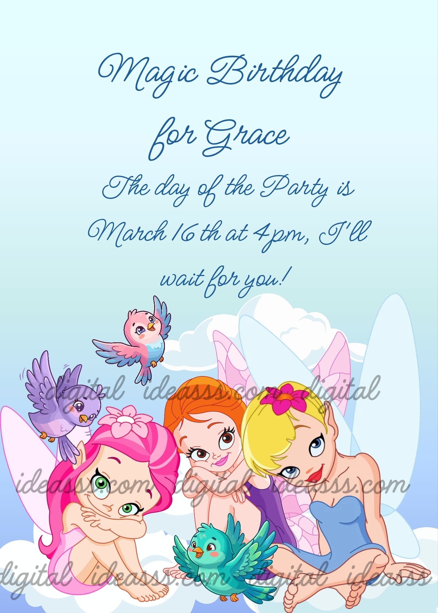 Three kawaii fairies with pink, red and blonde hair sitting on fluffy clouds with colorful birds in pink, purple and green on a soft blue sky background — birthday card for girls aged 8 to 14