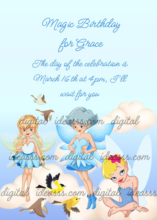 Three fairies with blue and white wings and light blue dresses floating on clouds, with colorful birds flying around them on a light blue sky background — birthday card for girls aged 8 to 14