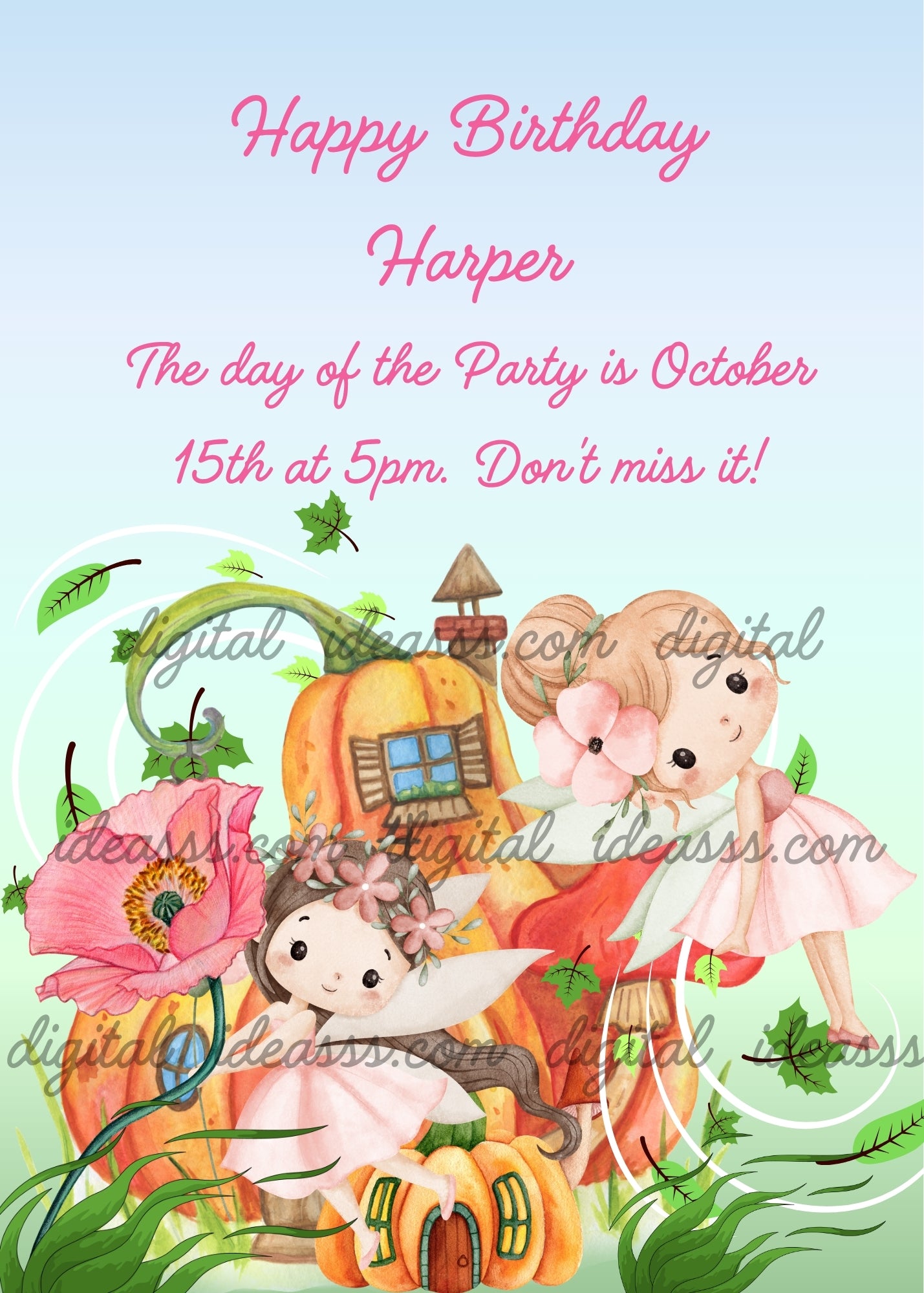 Two watercolor fairies in pink dresses near orange pumpkin houses with a large pink poppy flower and green ivy leaves on a soft pastel background — birthday card for girls aged 4 to 12