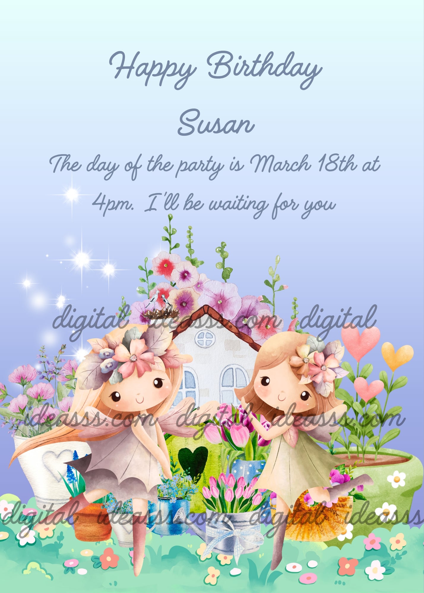 Two cute fairies with flower crowns in front of a white cottage surrounded by tulips colorful flowers and hearts on a soft blue lavender background — printable birthday card for girls ages 5 to 12