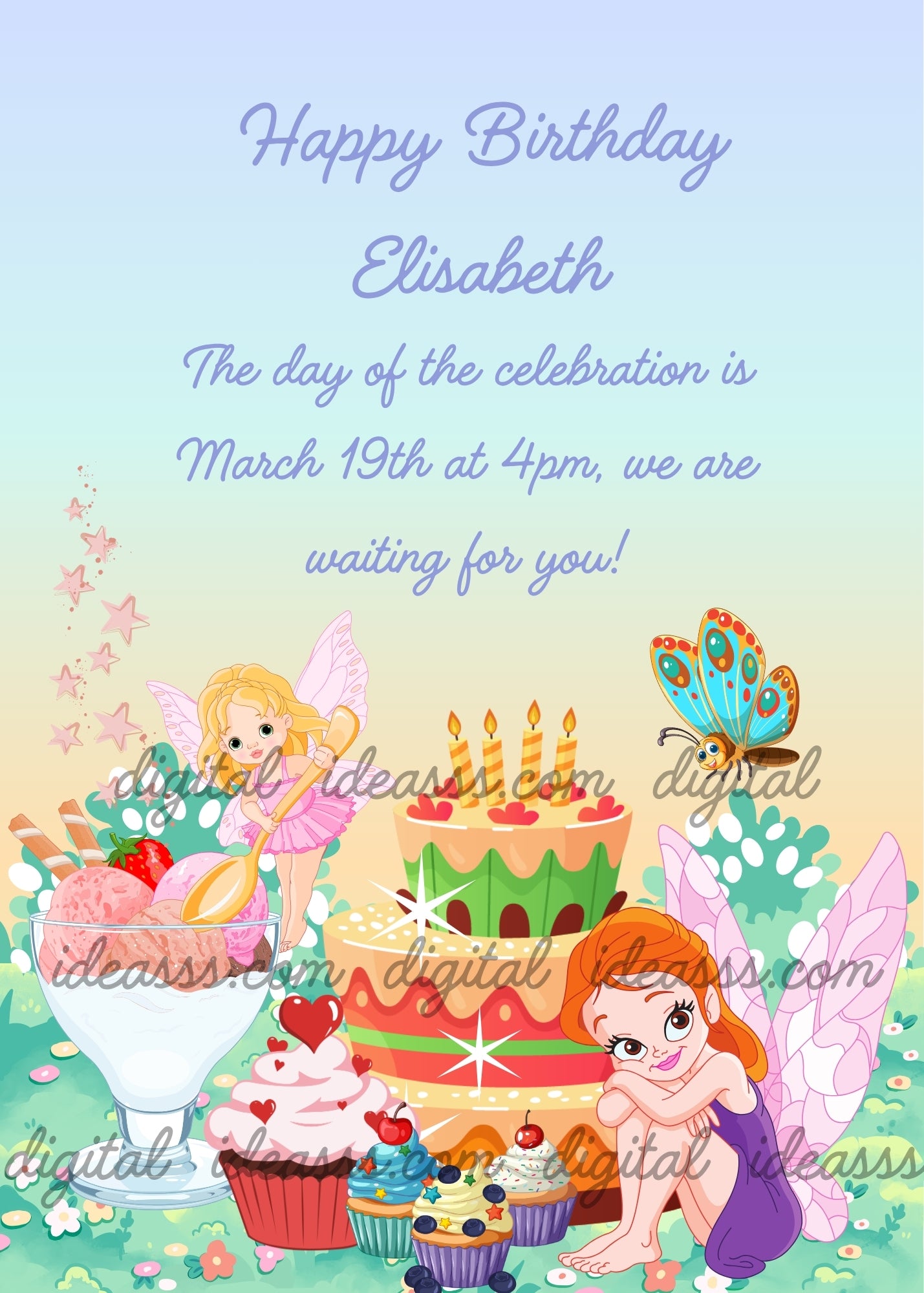 Two cute fairy girls with pink wings in a magical garden, a stunning three-tier birthday cake with candles and red hearts, three colorful cupcakes, an ice cream sundae with strawberry, and a colorful cartoon butterfly on a soft blue and peach gradient background — birthday card for girls aged 9 to 14