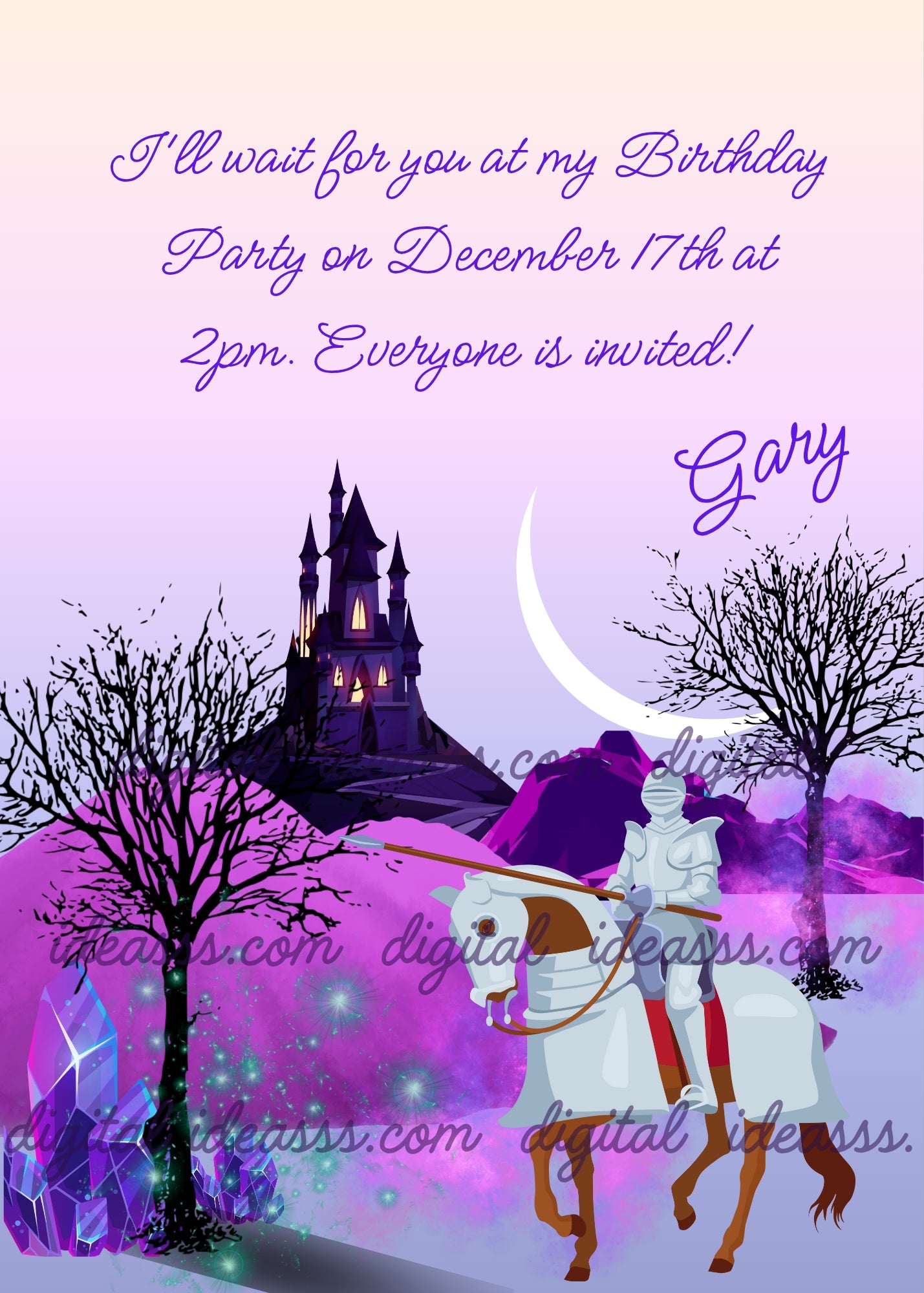  A silver knight on a white horse with a lance beside a dark gothic castle on a rocky hill with bare trees and purple crystals under a crescent moon on a soft lavender and pink background — printable birthday card for children ages 10 to 14
