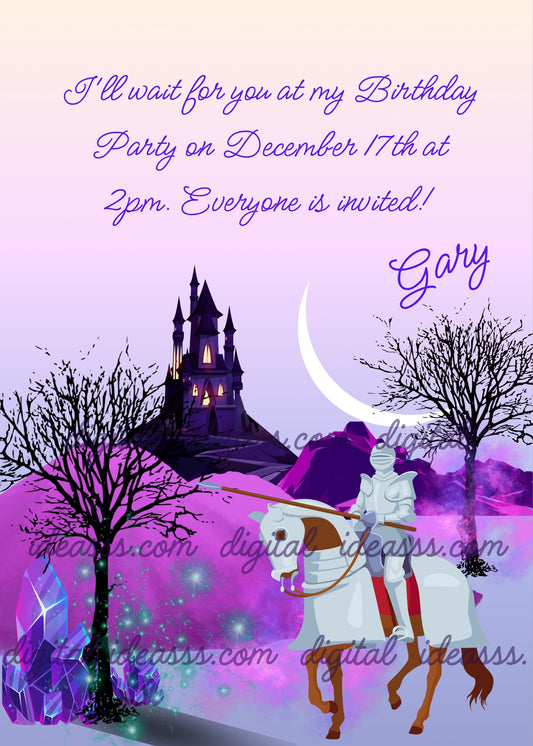  A silver knight on a white horse with a lance beside a dark gothic castle on a rocky hill with bare trees and purple crystals under a crescent moon on a soft lavender and pink background — printable birthday card for children ages 10 to 14