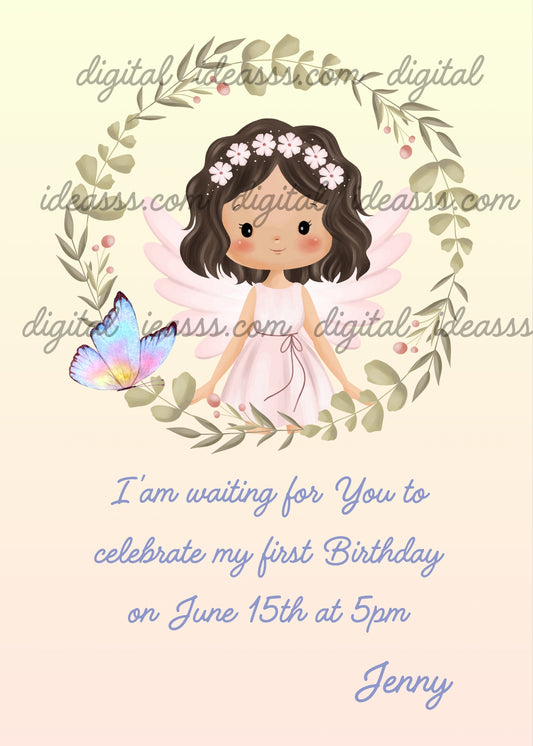  A cute dark haired fairy with a white flower crown inside a wreath of leaves and berries with a colorful butterfly on a soft cream pastel background — printable birthday card for girls ages 1 to 9