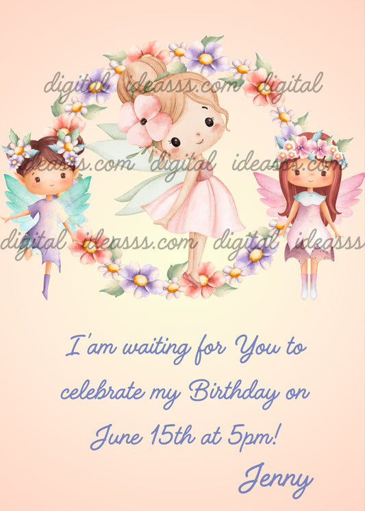 Sweet fairy with pink flower in hair inside a floral wreath of pink and purple daisies, with two tiny fairies with colorful wings on the sides, on a soft peach background — birthday card for girls aged 1 to 9