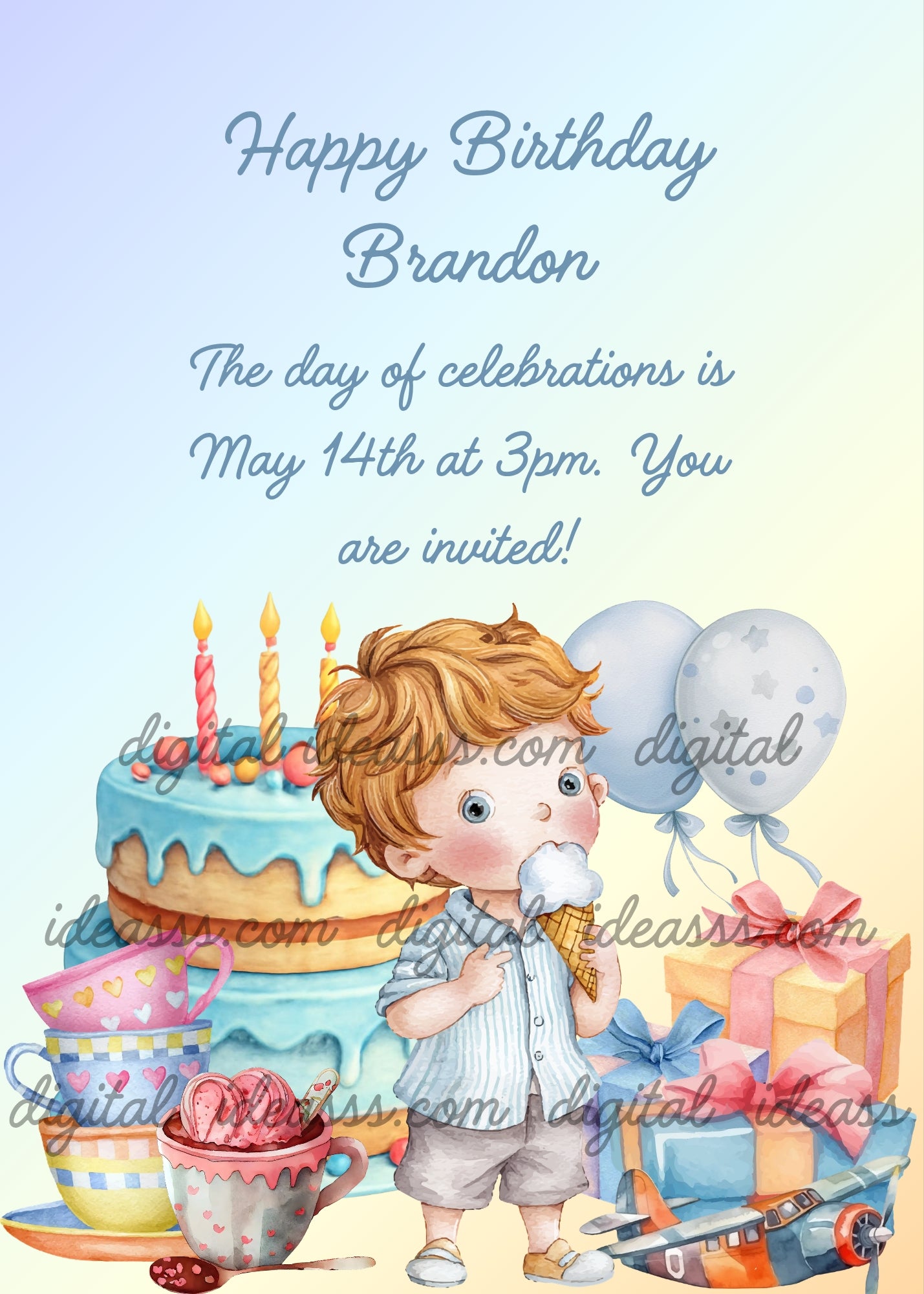 A cute boy with curly blonde hair wearing a light blue striped shirt and grey shorts eating an ice cream cone, next to a blue birthday cake with colorful candles on the left, colorful teacups and a cup of strawberry ice cream, two light blue balloons with a pink bow, wrapped gift boxes, and a small toy airplane, on a soft yellow-to-blue gradient background — birthday card for children aged 1 to 7