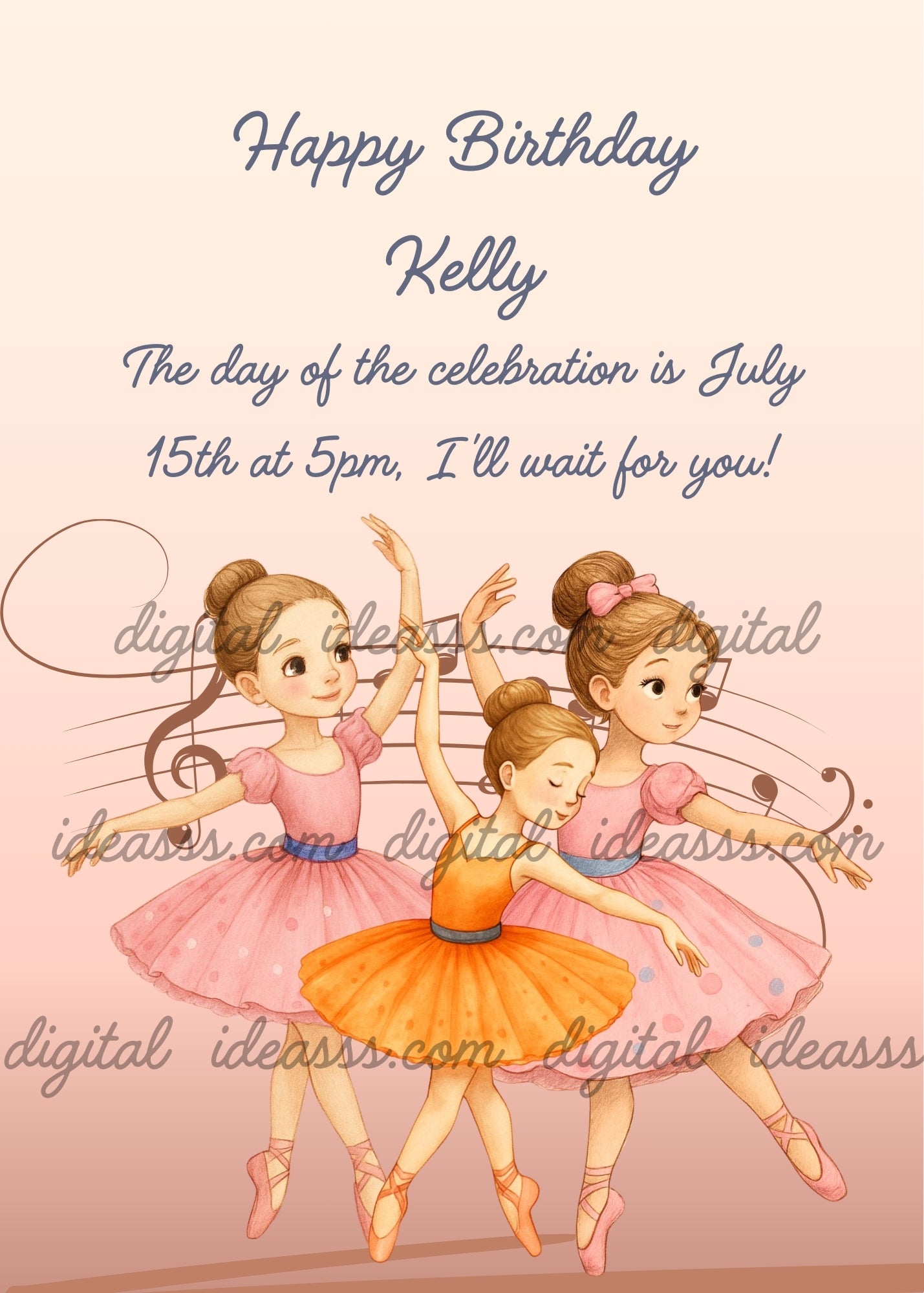 Three little ballerinas with brown hair dancing gracefully, two in pink tutus and one in an orange tutu with musical notes swirling around them on a soft pink background — birthday card for girls 4-10