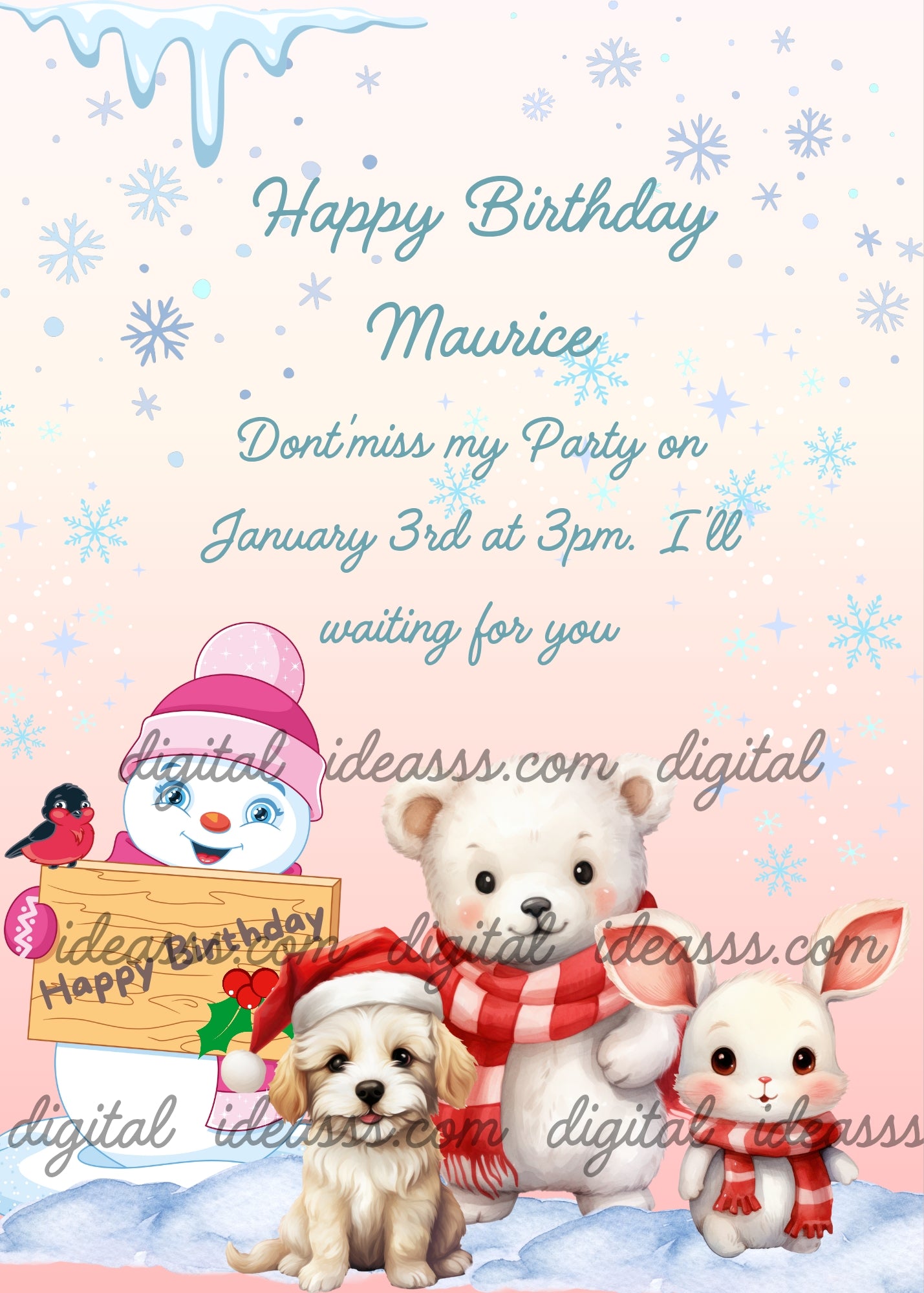 Cute snowman with pink hat, a white polar bear, a puppy and a bunny with red scarves in the snow with snowflakes on a soft pink background — birthday card for kids 1-12