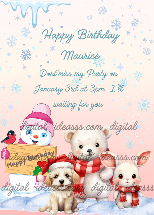 Cute snowman with pink hat, a white polar bear, a puppy and a bunny with red scarves in the snow with snowflakes on a soft pink background — birthday card for kids 1-12