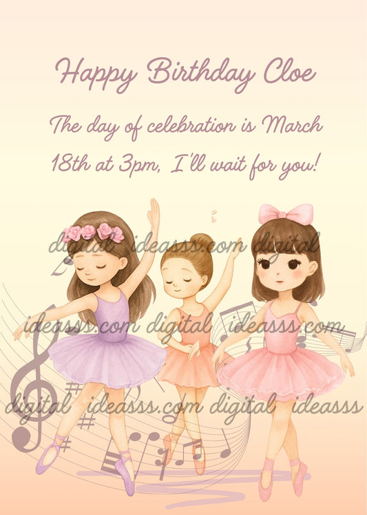 Three little ballerinas dancing gracefully, one in purple with a flower crown, one in peach with a bun and one in pink with a bow, with musical notes and a treble clef on a soft peach background — birthday card for girls 6-12