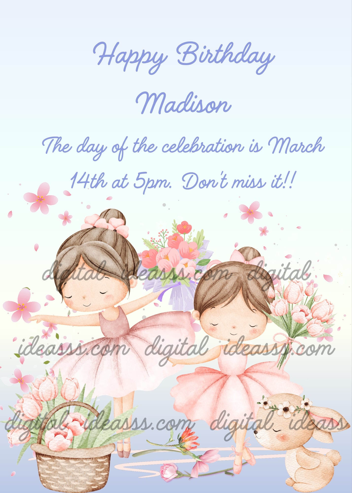 Two little ballerinas in pink tutus dancing among pink tulips and cherry blossoms with a flower basket and a little bunny with a flower crown on a soft blue background — birthday card for girls 3-10