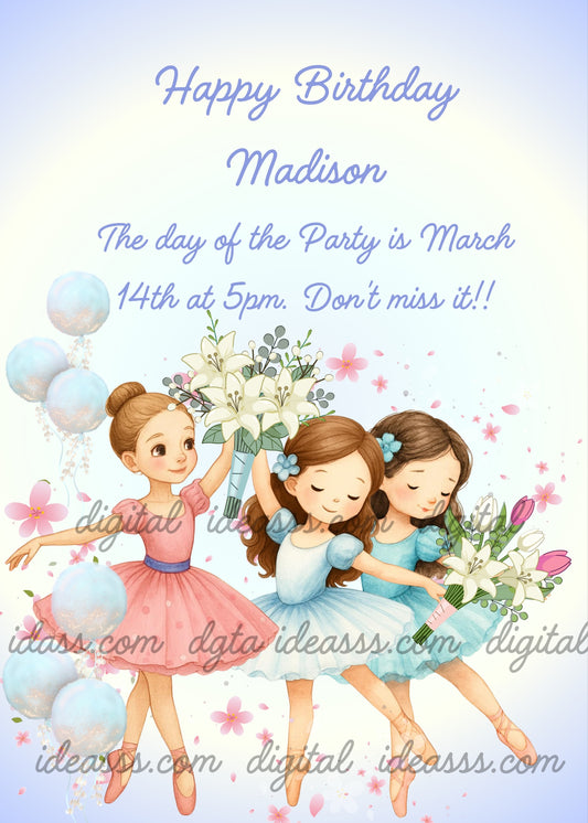 Three ballerina girls with brown hair, one in a pink tutu with white balloons, one in a light blue tutu holding white lilies, and one in a teal tutu with a blue flower, with pink cherry blossom petals on a soft blue and white background — birthday card for girls aged 5 to 10