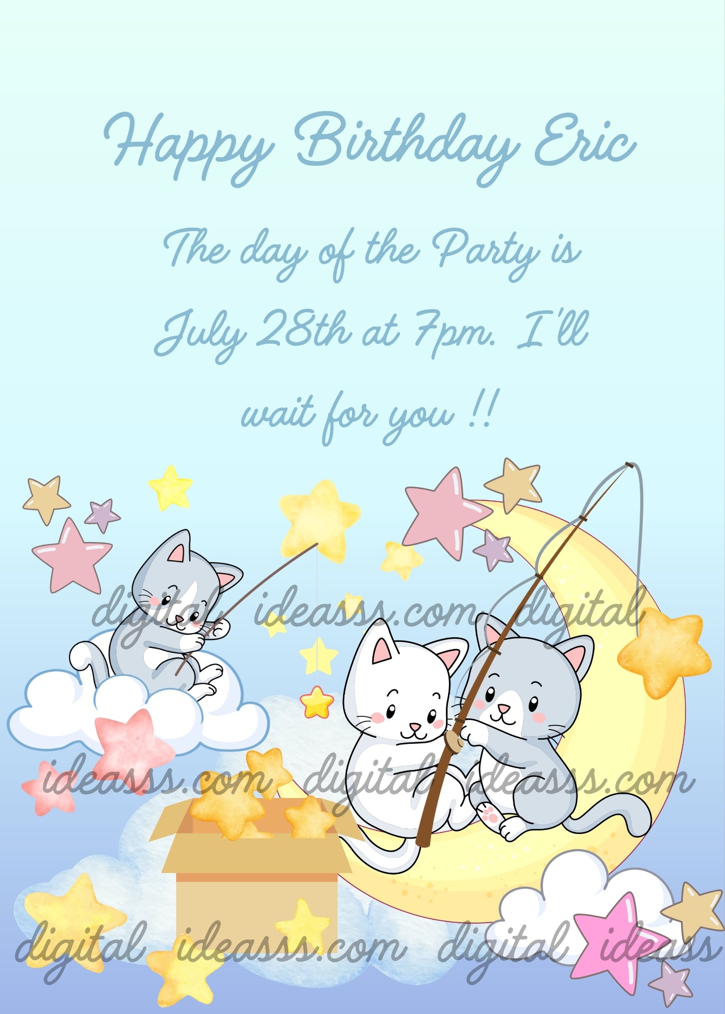 Three cute cats fishing stars from the clouds, one white cat and two grey cats sitting on a crescent moon and on fluffy clouds, with colorful stars and a cardboard box full of stars on a soft light blue background — birthday card for children aged 1 to 9