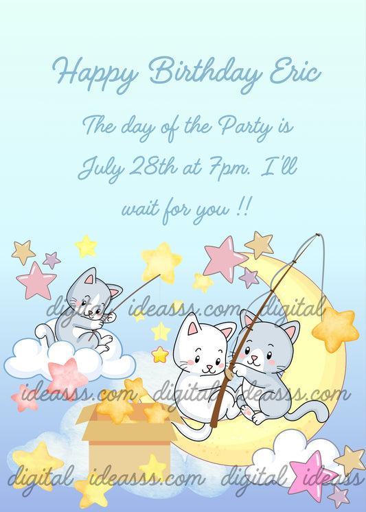 Three cute cats fishing stars from the clouds, one white cat and two grey cats sitting on a crescent moon and on fluffy clouds, with colorful stars and a cardboard box full of stars on a soft light blue background — birthday card for children aged 1 to 9