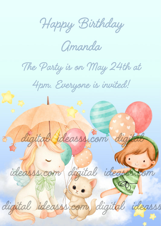 Cute white unicorn with orange mane and two small light blue wings sitting under a peach umbrella decorated with small stars, a little girl in a green dress and a small kitten flying on clouds with colorful balloons to reach the unicorn, yellow stars on a light blue sky background — birthday card for girls aged 1 to 9