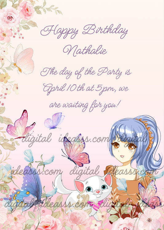 Anime girl with blue hair and brown dress with a cute white kitten and colorful butterflies among pink roses and floral branches on a soft pink gradient background — birthday card for girls aged 10 to 14