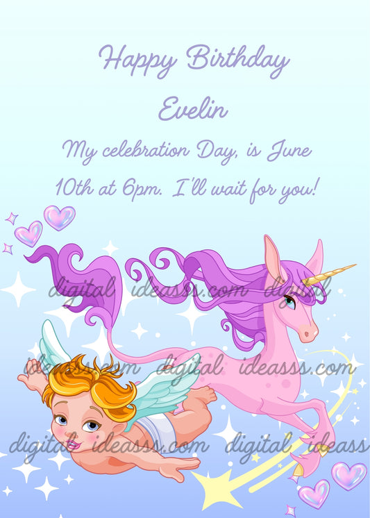 Pink unicorn with purple mane flying among stars, sparkles and a comet, with a cute blonde cherub with light blue wings, purple and pink hearts on a light blue gradient background — birthday card for children aged 5 to 12