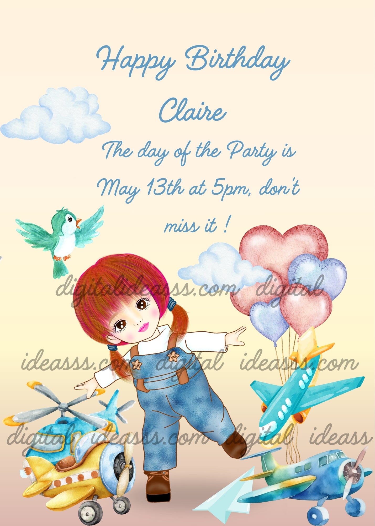 Sweet girl in denim jumpsuit with red hair pretending to fly, surrounded by toy airplanes, a turquoise helicopter, pink and blue heart balloons and a surprised teal bird on a soft peach gradient background with clouds — birthday card for girls aged 5 to 12 