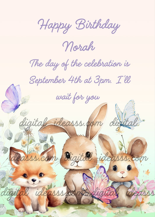 Two bunnies and a fox are in the garden. Butterflies are flying near them - printable birthday card for kids 1-9