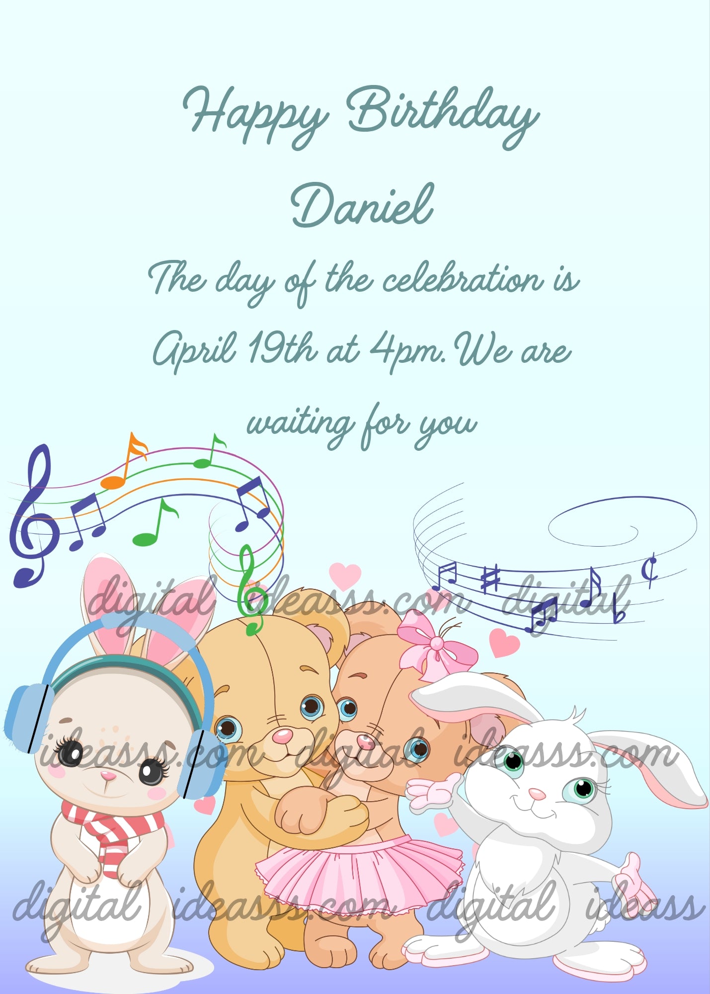  A white bunny with blue headphones and a scarf, two golden bears hugging and a white bunny with a pink bow dancing with colorful musical notes and pink hearts on a soft blue background — birthday card for children 1-9