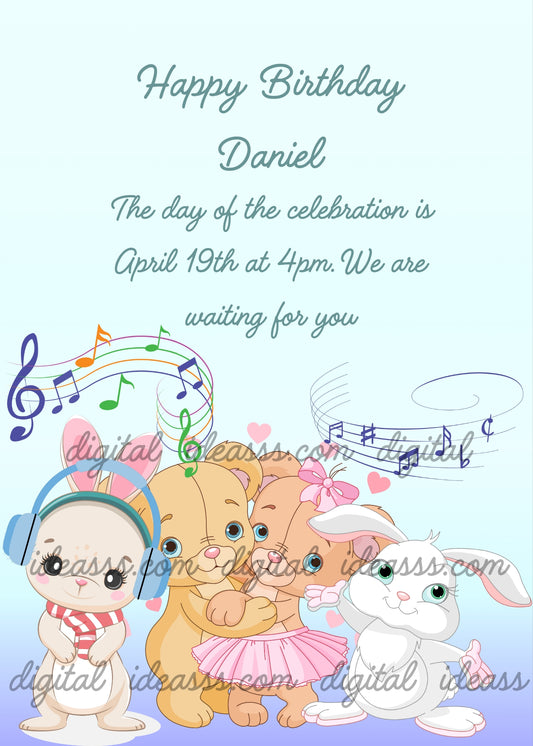  A white bunny with blue headphones and a scarf, two golden bears hugging and a white bunny with a pink bow dancing with colorful musical notes and pink hearts on a soft blue background — birthday card for children 1-9