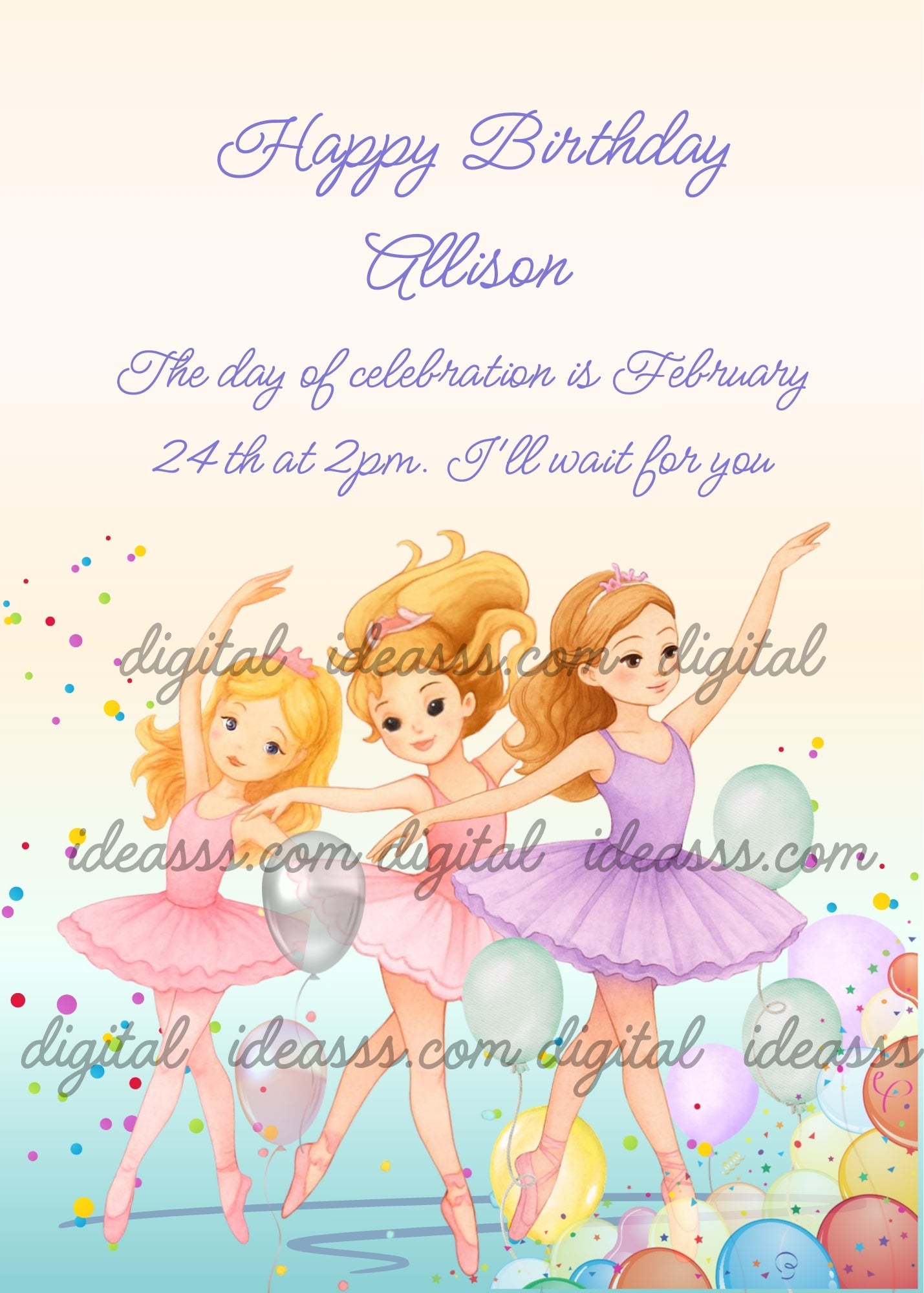Three ballerinas with blonde and auburn hair in pink and lavender tutus dancing joyfully with colorful balloons and confetti on a soft peach and blue gradient background — birthday card for girls 6-14