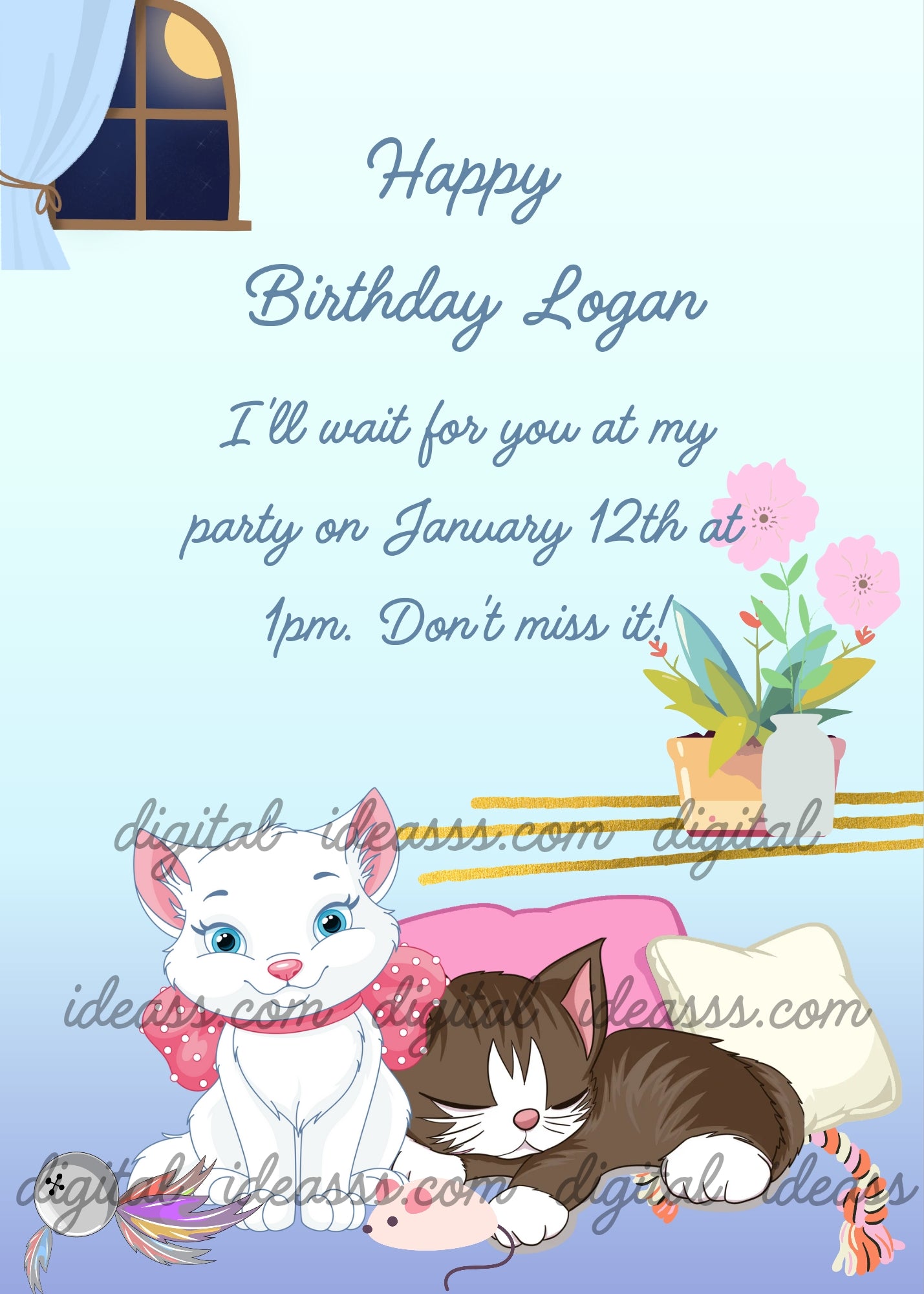 A white kitten and a brown kitten rest closely together after playtime with toys and colorful pillows while the moon shines through the window - printable birthday card for kids 1-12