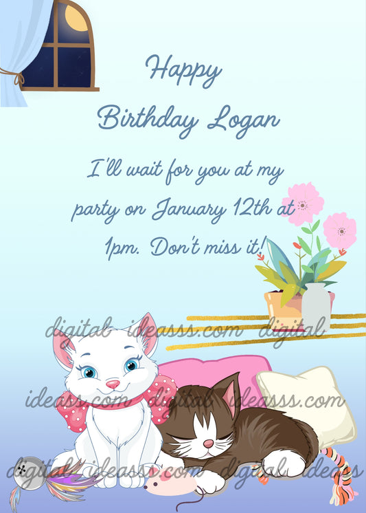 A white kitten and a brown kitten rest closely together after playtime with toys and colorful pillows while the moon shines through the window - printable birthday card for kids 1-12