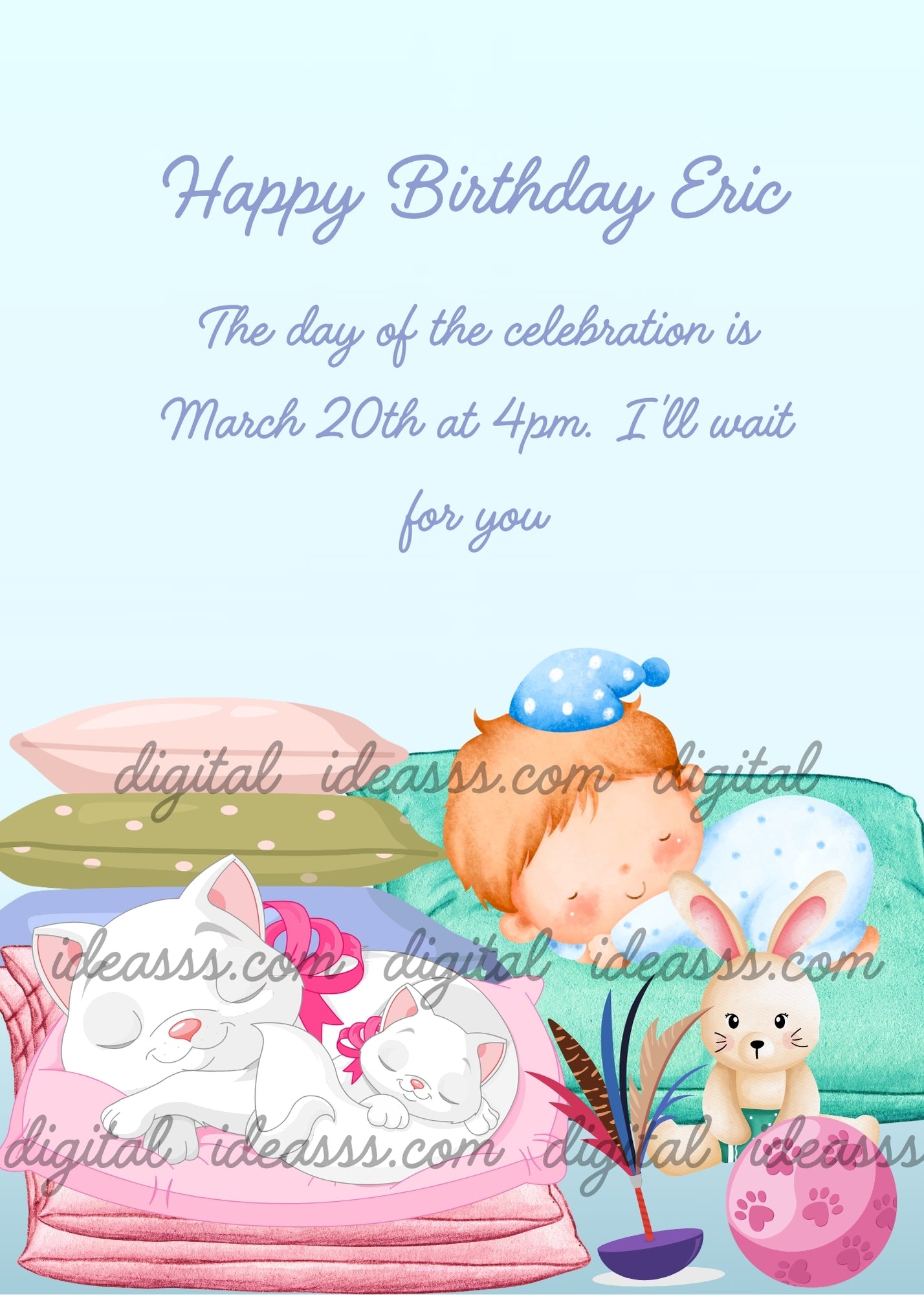 A child sleeps on colorful cushions beside a white mama cat and her kitten with a pink bow after playtime with toys - printable birthday card for kids 1-9