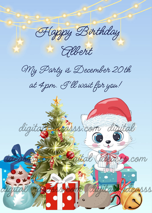  A cute white kitten wearing a Santa hat holding a gift box between her paws, a decorated Christmas tree with colorful ornaments, wrapped presents, a mechanical toy mouse, a golden bell with a red bow, and fairy lights with stars on a soft blue background — Christmas birthday card for children aged 1 to 10