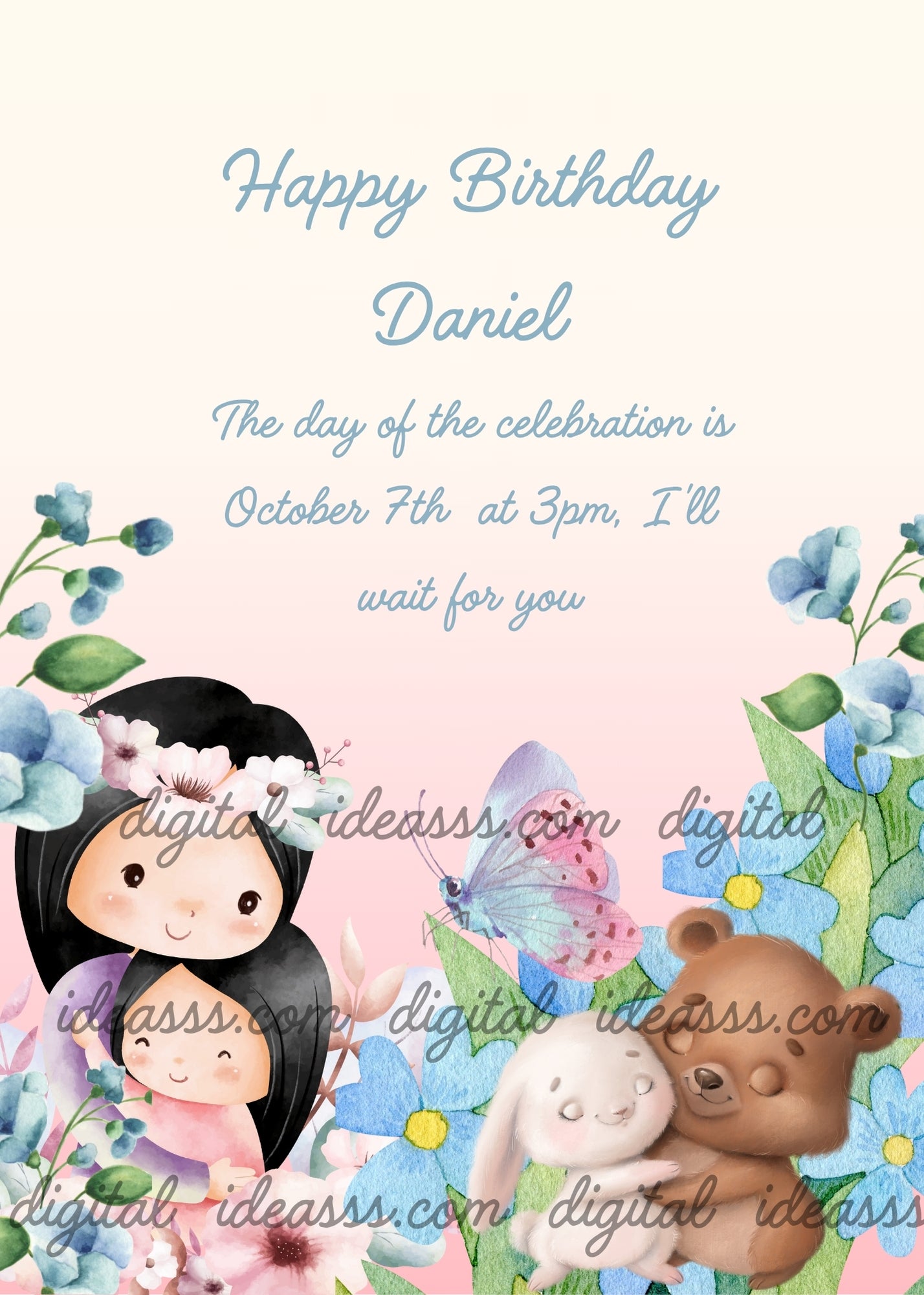 Sweet girl with black hair and flower crown hugging a little girl in pink dress with a white bunny, brown teddy bear and blue butterfly among blue flowers on a soft pink gradient background — birthday card for children aged 1 to 10
