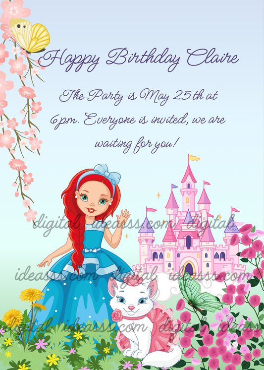 Pretty princess with red hair and light blue dress, pink castle, white cat with pink bow, yellow butterfly, cherry blossom branches and colorful flowers on a light blue background — birthday card for girls aged 6 to 12