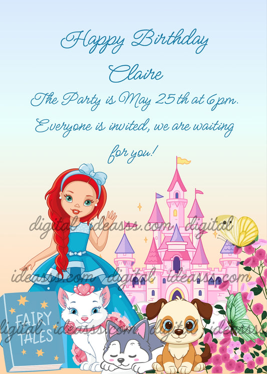 Princess with long red hair and light blue dress waving, Fairy Tales book with golden stars, white kitten with pink heart collar, sleepy husky, funny puppy sitting, pink castle with towers and flags, pink flowers and butterflies, soft blue and peach background — birthday card for girls aged 6 to 12