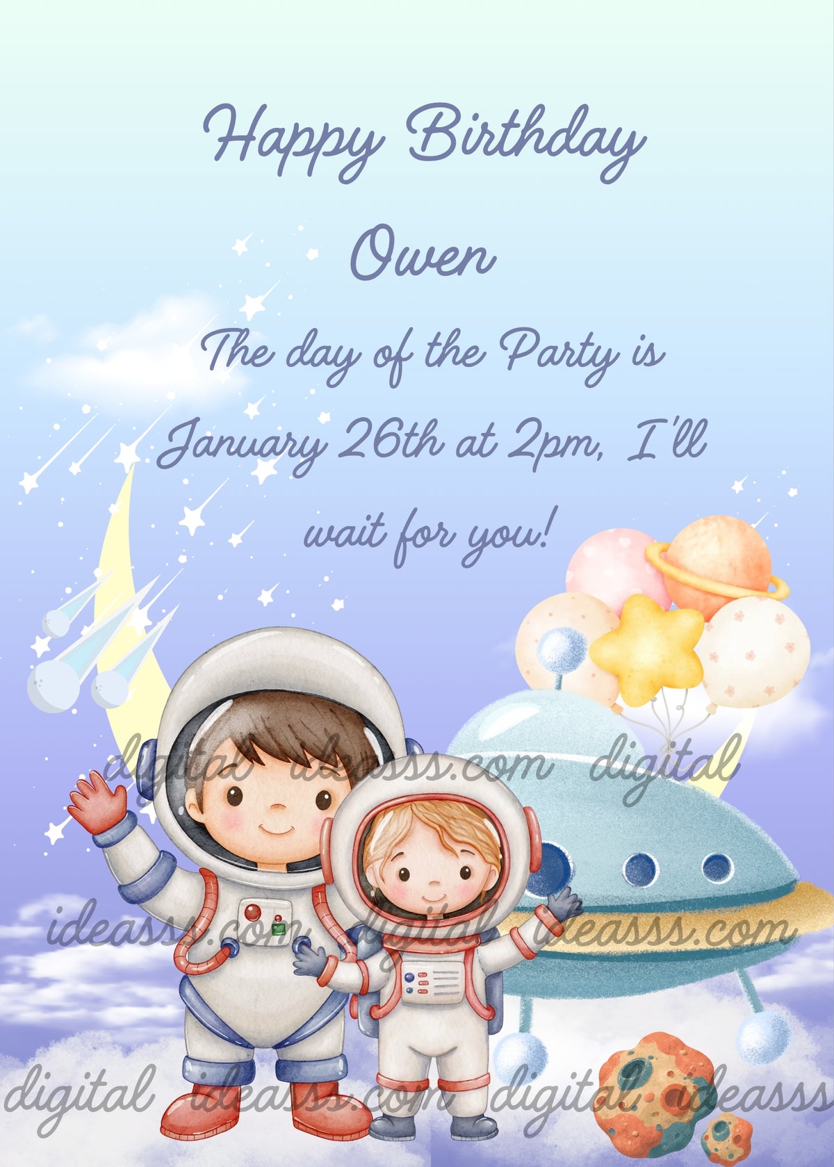 A boy astronaut waving and a girl astronaut standing among clouds with a flying saucer and colorful balloons including a star-shaped and a Saturn-shaped balloon, shooting stars and a crescent moon on the left, rocky asteroids in the lower right, soft blue and lilac gradient background — birthday card for children aged 5 to 10 