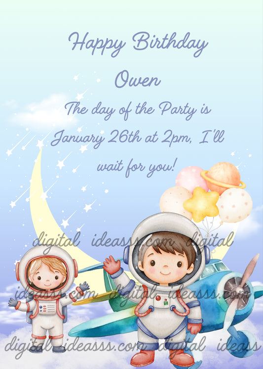A cute boy astronaut and a cute girl astronaut in white spacesuits standing next to a blue airplane, with planet-shaped balloons, a crescent moon and shooting stars on a soft light blue background — birthday card for children aged