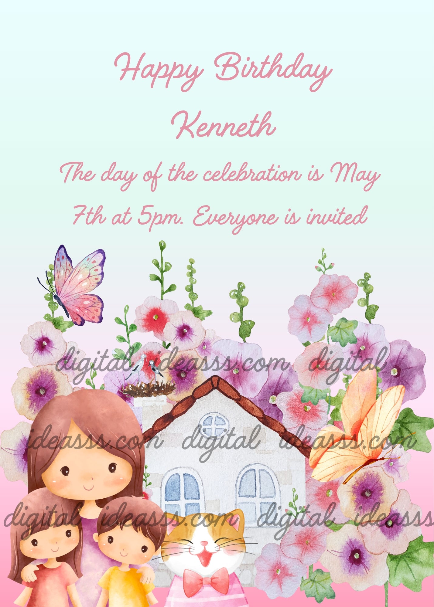 Mother with two young children and an adorable kitten in front of a little house surrounded by pink and purple hollyhock flowers and colorful butterflies on a soft blue and pink gradient background — birthday card for children aged 1 to 12