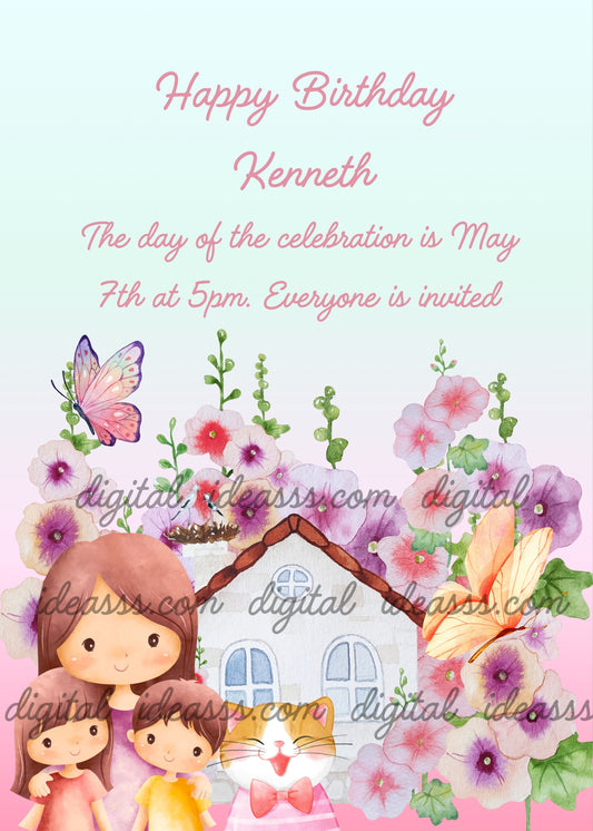 Mother with two young children and an adorable kitten in front of a little house surrounded by pink and purple hollyhock flowers and colorful butterflies on a soft blue and pink gradient background — birthday card for children aged 1 to 12