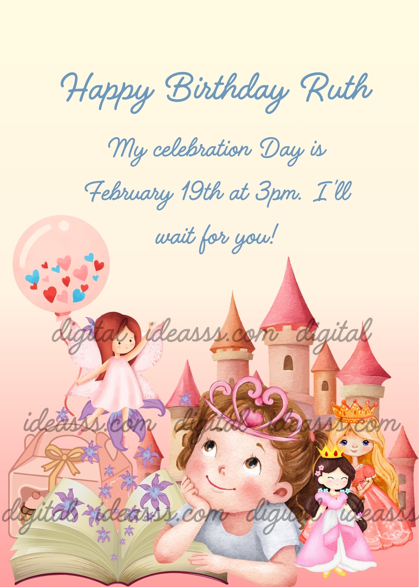 Dreamy little girl with pink tiara lying on the floor gazing up, open fairy tale book with lilac flowers and tiny fairy emerging, box of cupcakes on the left, pink toy castle with two princess dolls on the right, soft cream and pink background — birthday card for girls aged 1 to 9