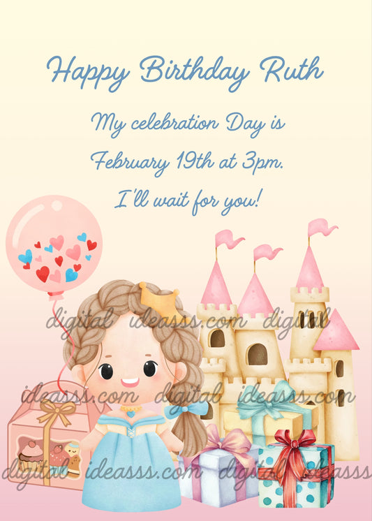 Cute little princess with golden crown and light blue dress, pink balloon with red hearts, beige toy castle with pink roofs, colorful gift boxes and cupcake box on a soft beige background — birthday card for girls aged 1 to 9