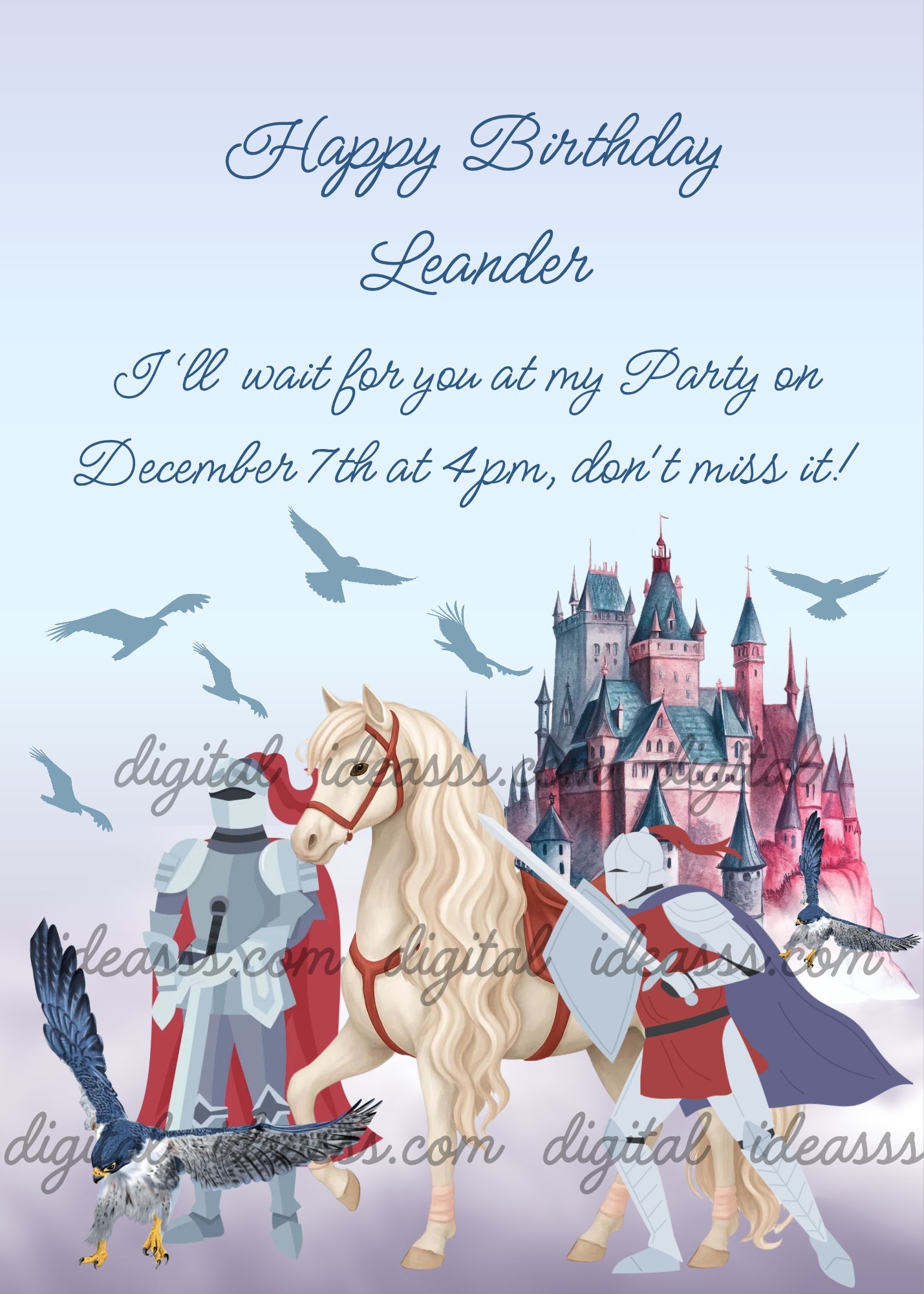 Two armored knights in silver armor, one with a red cape and one with a navy blue cape, a white horse and a hawk beside a pink and blue gothic castle with bird silhouettes in the sky on a soft lavender background — printable birthday card for boys ages 10 to 14