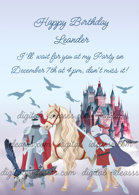 Two armored knights in silver armor, one with a red cape and one with a navy blue cape, a white horse and a hawk beside a pink and blue gothic castle with bird silhouettes in the sky on a soft lavender background — printable birthday card for boys ages 10 to 14