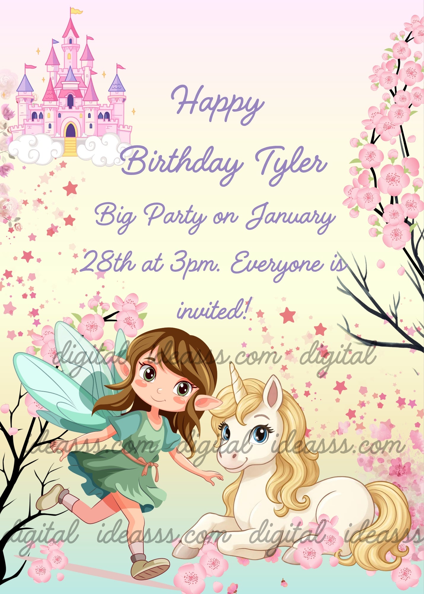  Cute fairy with brown hair and teal wings running towards a white unicorn with golden mane, pink cherry blossom trees, red stars and a pink fairy tale castle on a soft yellow gradient background — birthday card for children aged 7 to 12