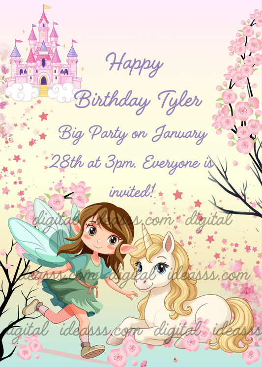  Cute fairy with brown hair and teal wings running towards a white unicorn with golden mane, pink cherry blossom trees, red stars and a pink fairy tale castle on a soft yellow gradient background — birthday card for children aged 7 to 12