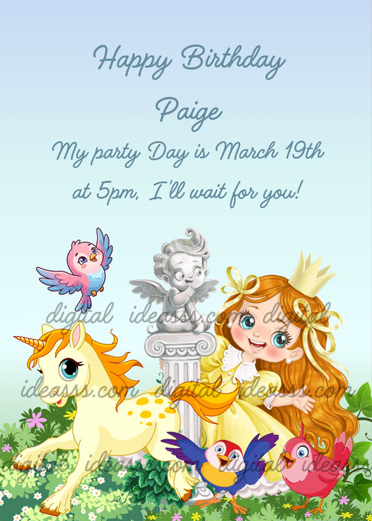 Cute princess with auburn hair and golden crown in yellow dress playing hide and seek with a white unicorn with orange mane, little angel cherub on a marble column, colorful birds flying, green ivy and wildflowers on a light blue gradient background — birthday card for girls aged 3 to 12
