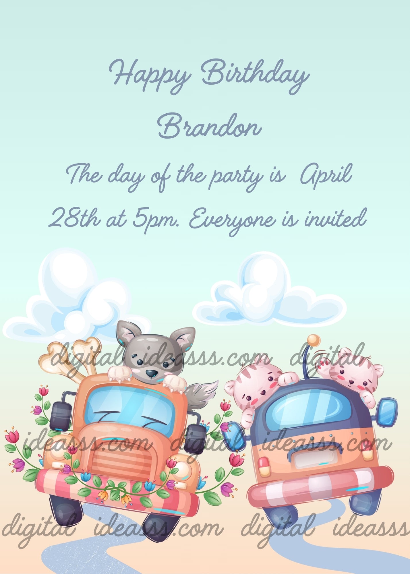 Kittens and puppies, in cars with flowers on their vacation -printable birthday card for kids 1-9