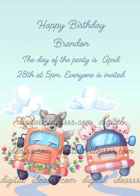 Cute kittens and puppies going on vacation in colorful flower cars on a pastel blue sky background — printable birthday card for kids aged 1 to 9