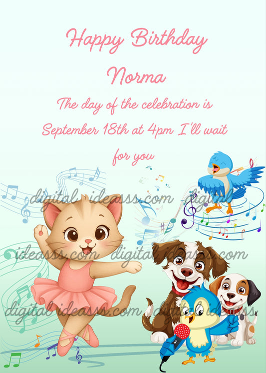 A tabby kitten ballerina in a pink tutu dancing with two happy puppies, a little blue bird with a microphone singing and a blue bird on a music staff with colorful notes on a soft mint green background — birthday card for girls 3-10