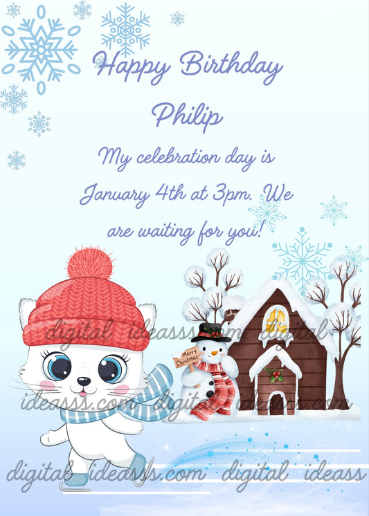 A white kitten with a red hat skating on ice with a snowman and a snowy house on a light blue winter background - printable birthday card for children 1-9