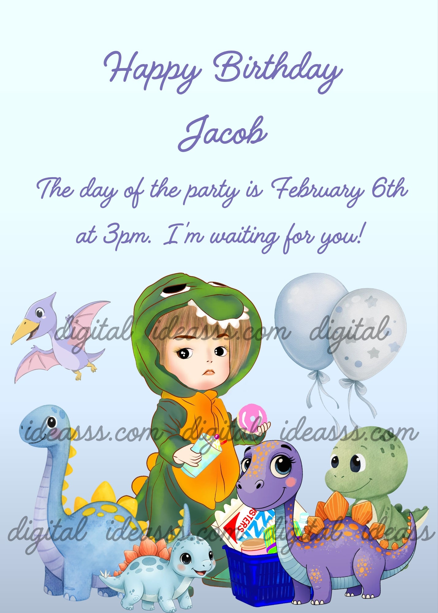 Sweet boy in green dinosaur costume holding a pink ball, surrounded by colorful kawaii toy dinosaurs, a purple pterodactyl, grey balloons and a soft light blue gradient background — birthday card for boys aged 5 to 10 